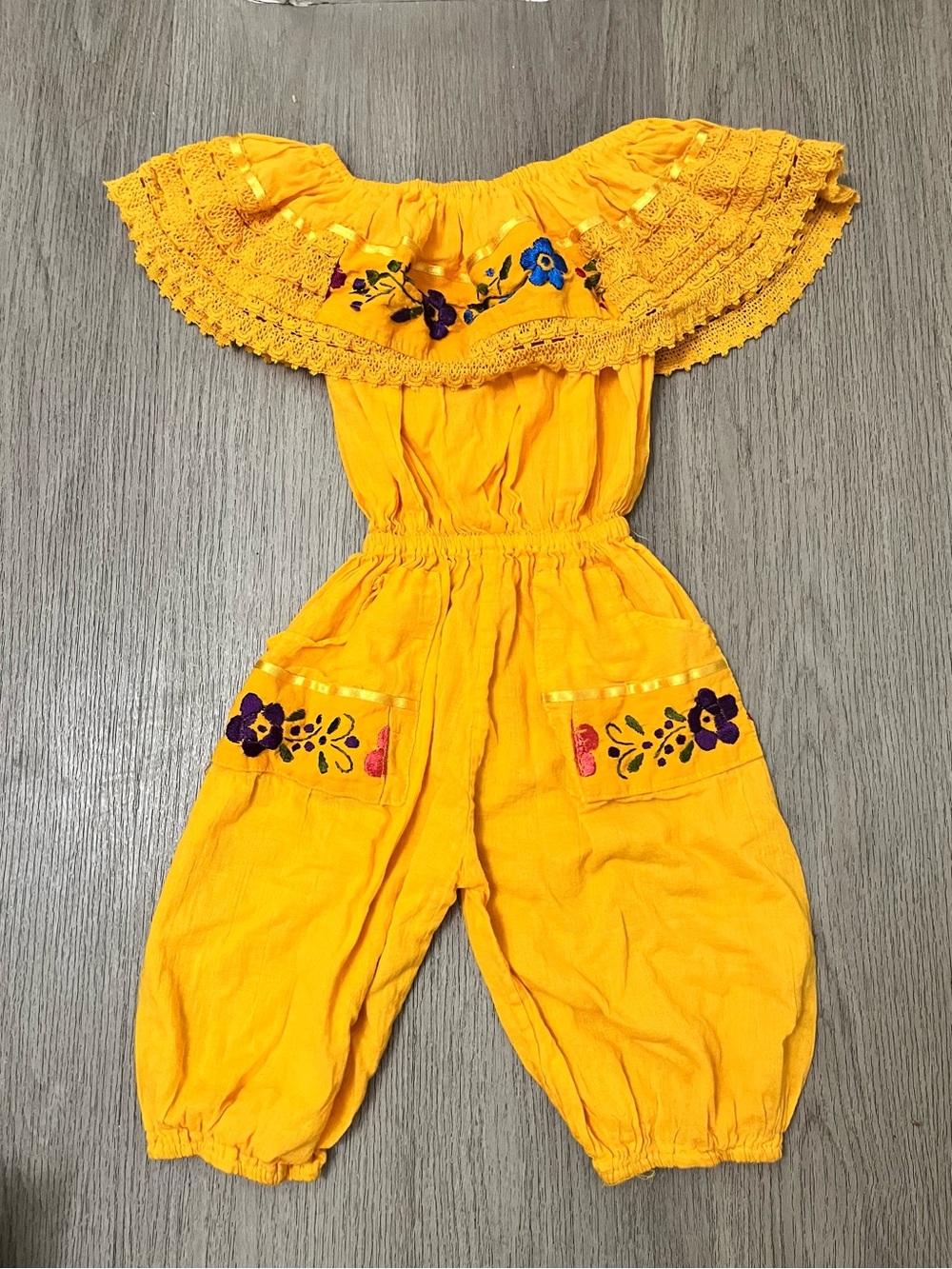 Girls Mexican Bright Yellow Embroidered Off-Shoulder Bodysuit Size 10